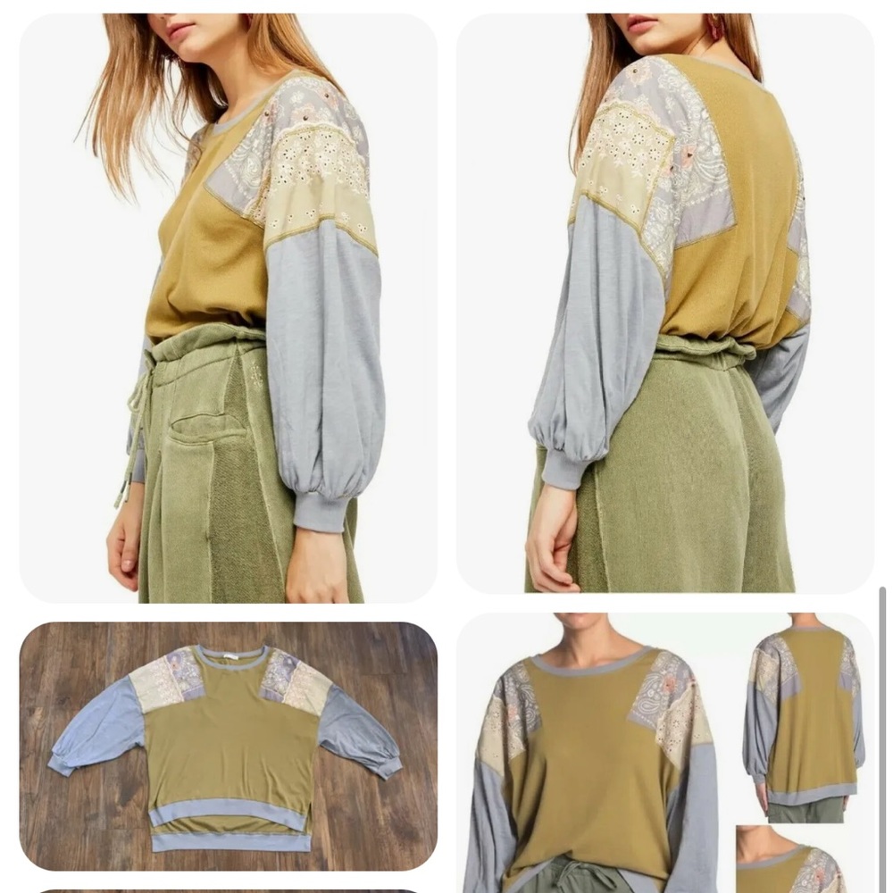 We The Free Mustard and Light Blue Patchwork Long Sleeve Top